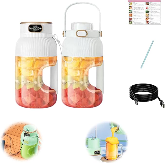 Multifunctional Portable Juicer Cup with Digital Display Personal Wireless Portable Blender Rechargeable for Shakes and Smoothies Fruits and Veggies Easy To Clean (White-A)