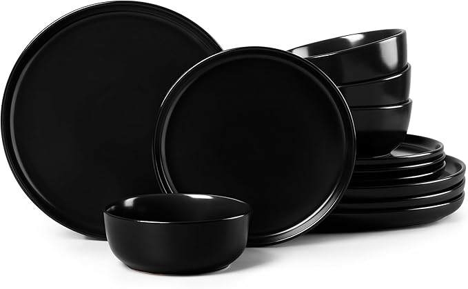 Vesteel Dinnerware Sets for 4 12Pcs Premium Plates and Bowls Set Farmhouse Handmade Stoneware Sets for Home Restaurant Microwave &amp Dishwasher Safe Matte Blue