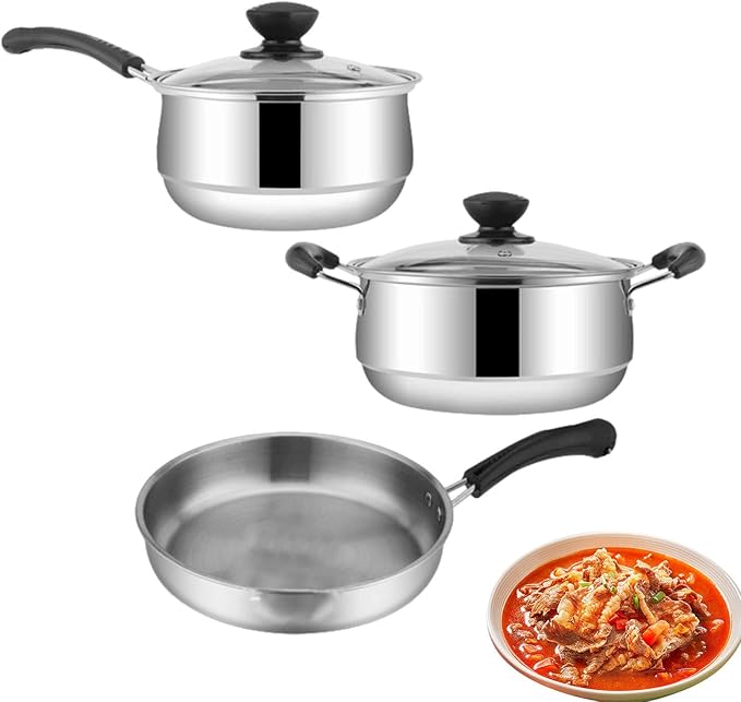 Non Stick Pots And Pans Set - 3pcs Stainless Kitchen Cookware Panels Frying Sauce Pan Rack Durable Cooking Display Cookware Pack Pro Gear Set | Home Kitchen Stove For Simmering Sauteing Frying Use
