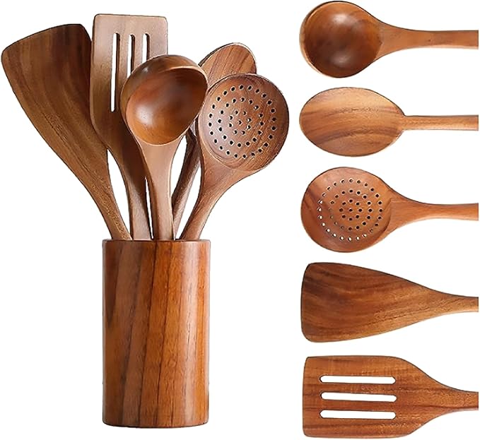 6 PCS Wooden Cooking Utensils Set Wooden Spoons for Cooking with Utensils Holder Comfort Grip Ideal for Nonstick Cookware