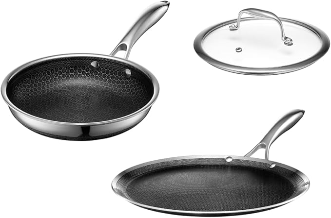 HexClad Hybrid Nonstick 3-Piece Cookware Set 8 Pan 8 Lid and 12 Griddle Stay-Cool Handles Dishwasher and Oven-Safe Induction Ready Compatible with All Cooktops