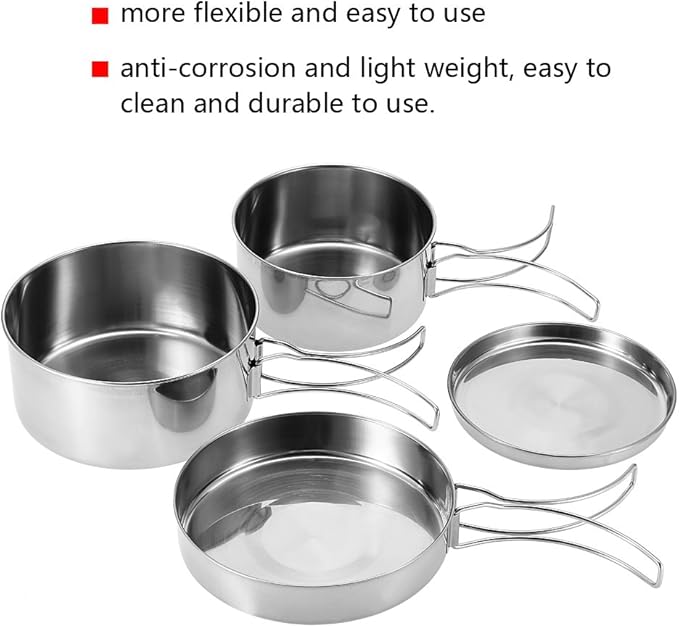 Camping Cooking Set Backpacking Camping Cookware Mess Kit 4Pcs Portable Stainless Steel Camping Picnic Outdoor Pan Pot Plate Tableware