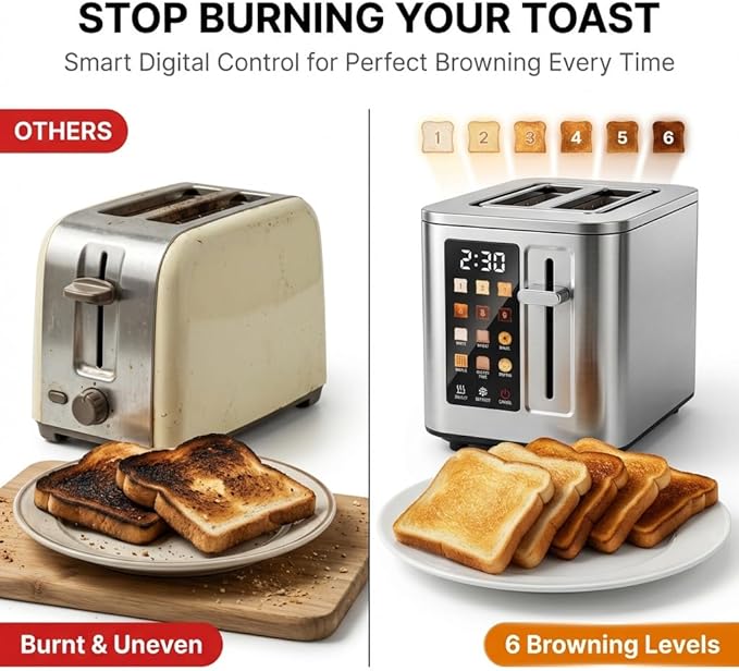 Touch Screen Toaster 2 Slice Digital Stainless Steel Bread Toaster with Timer 1.5'' Wide Slot 6 Shade Settings &amp 6 Bread Types Bagel Defrost Reheat Cancel Functions