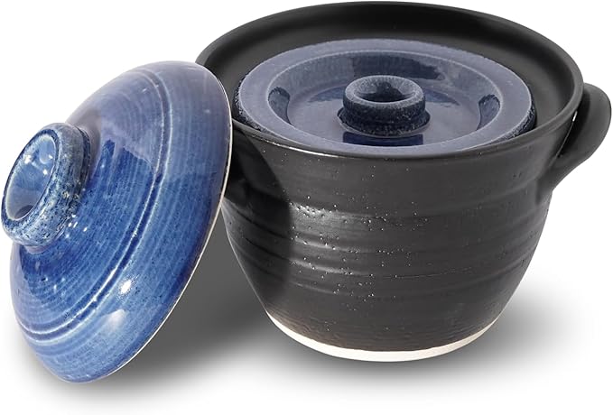 Banko-ware Donabe Japanese Earthenware Rice Pot with Double-Lid Technology – Elegant Jet-Black &amp Blue Design – Ensures Fluffy Rice Every Time – Includes English Manual – Made in Japan (1-2 per)