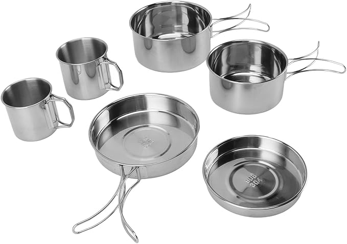 6PCS Portable Cookware Set 304 Stainless Steel Lightweight Multifunctional for Outdoor Cooking Includes Frying Pan Pots Cups Storage Bag