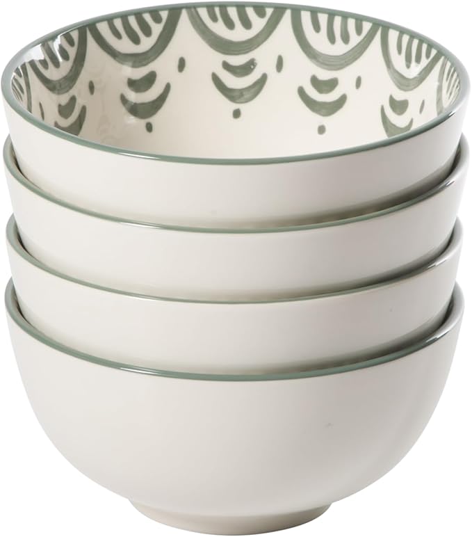 Bloomhouse - 2-Time Oprah’s Favorite Things - Valencia Flor 4 Piece 6” Cereal Bowl Set Stoneware Bowls Mediterranean Floral Decal Design Microwave &amp Dishwasher Safe Fern Green