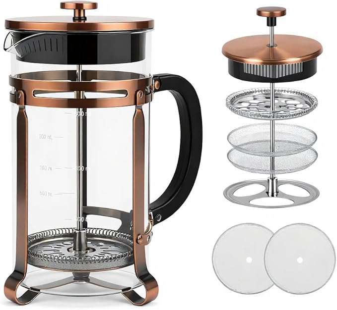 French Press Coffee Maker 34Oz Coffee Press with 304 Stainless Steel 4 Filters Borosilicate Glass Heat Resistant Carafe 100% BPA-Free Teapot &amp Coffee Press Copper Finish
