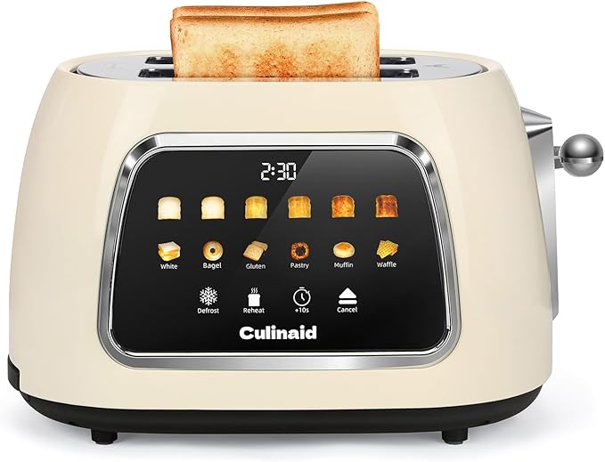 Toaster 2 Slice Smart Touch Screen Retro 1.5'' Extra Wide Slot Stainless Steel Digital Bread Toaster with Memory Function Bagel Defrost 6 Browning Levels and Removable Crumb Tray Cream