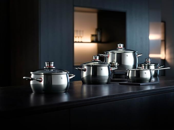 WMF Cookware Set 4-Pieces Quality One Vapor Hole Glass Lid Cromargan® Stainless Steel Brushed Suitable for All Stove Tops Including Induction Dishwasher-Safe