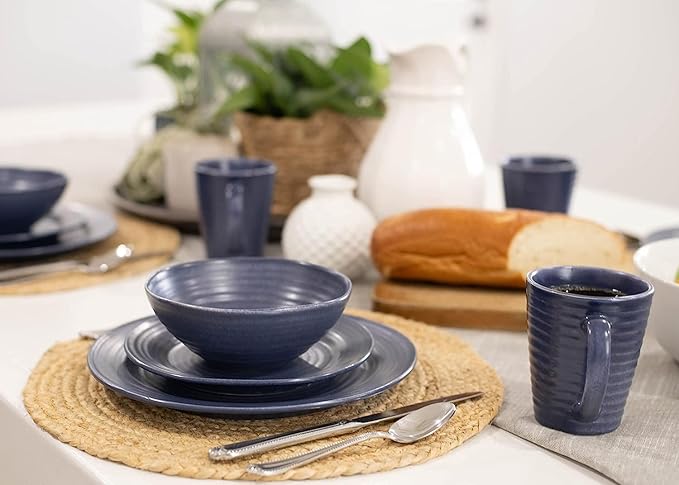 Elanze Designs Charming Chic Ribbed Modern Thrown Pottery Look Ceramic Stoneware Plate Platter Mug &amp Bowl Kitchen Dish Dinnerware 16 Piece Set - Service for 4 Navy Royal Blue