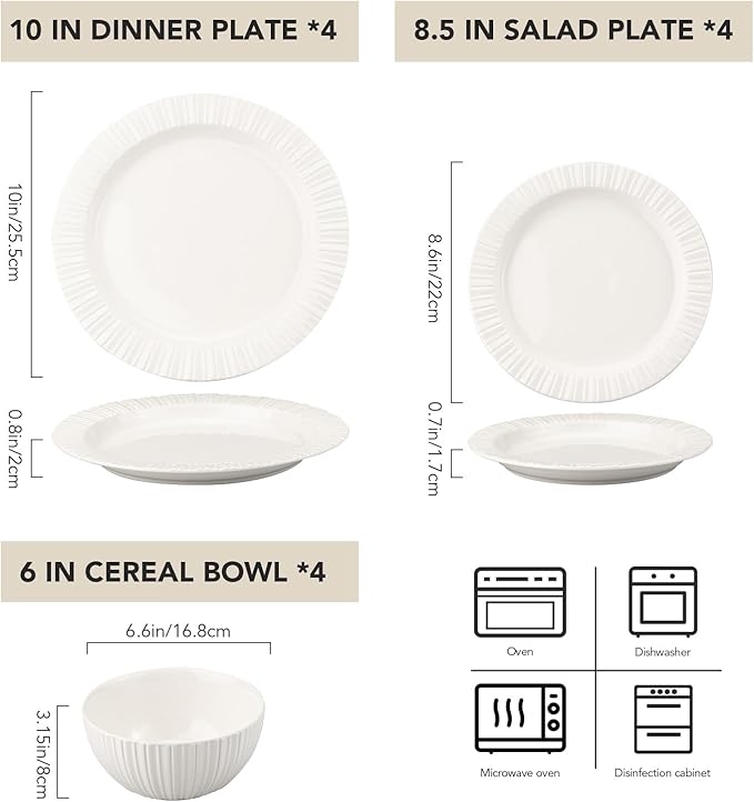 12-Piece White Ceramic Dinnerware Set - Rhine Series Service for 4 Includes Bowls Flat &amp Deep Plates Microwave &amp Dishwasher Safe