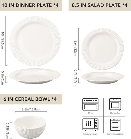 12-Piece White Ceramic Dinnerware Set - Rhine Series Service for 4 Includes Bowls Flat &amp Deep Plates Microwave &amp Dishwasher Safe