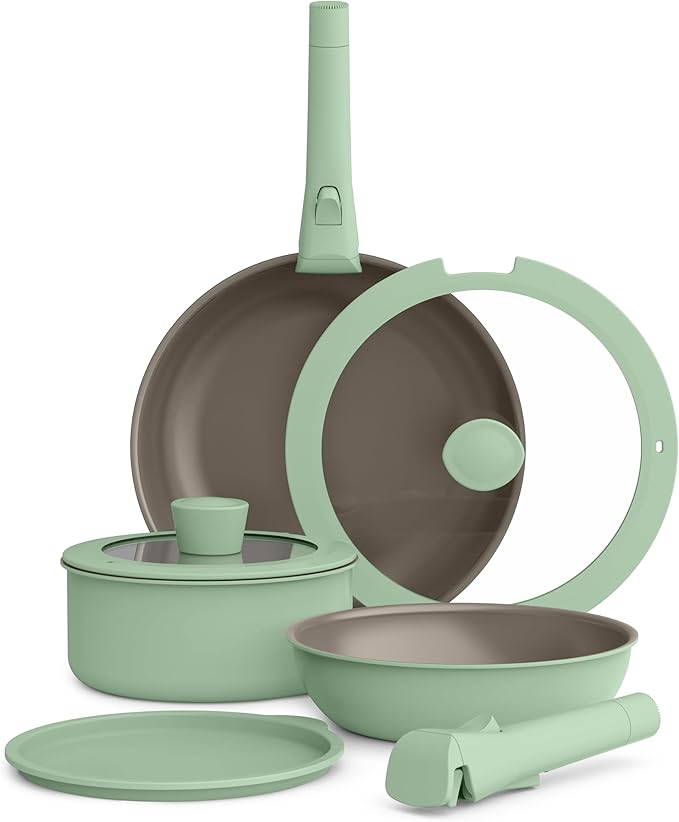 bella 8 Piece Removable Handle Cookware Set Fits-anywhere™ Kitchenware w EverGood™ Ceramic Nonstick Coating Dishwasher &amp Oven Safe All Stovetops Compatible Glass Lids with Silicone Rims Seag