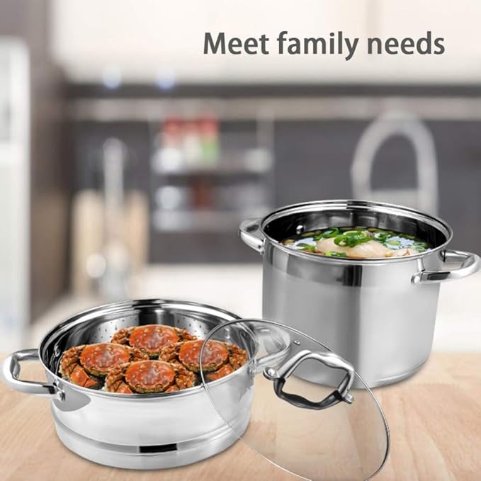 Cookware-Set 5-PieceCooking Pot SetMade of Stainless Steelwith Glass-LidsAll Types of Cookers Induction（Steamer Soup Pot Frying Pan Hot Milk Pot Teapot） Saucepans Sets