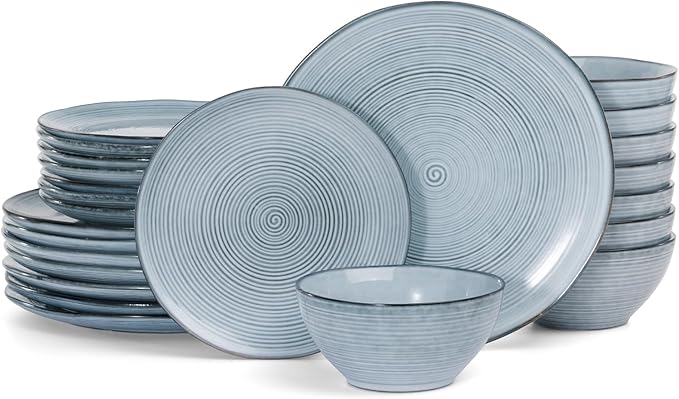 famiware Tempus Plates and Bowls Sets for 8 24 Pieces Stoneware Dinnerware Sets Dishes Set Reactive Glaze Dishware Sets Dishwasher &amp Microwave Safe - Pearl Blue