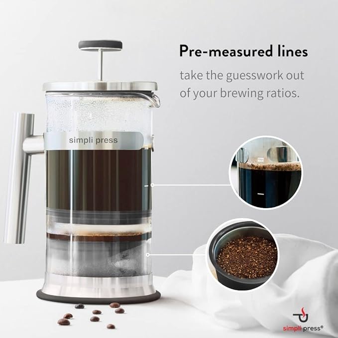 Simpli Press French Press Coffee &amp Tea Maker - Easy Cleanup &amp Customizable Smooth Coffee - Patented - Plastic-Free Premium Stainless Steel 34 oz - Black Color