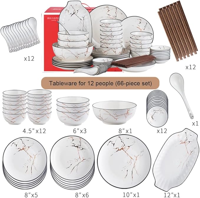 Dinner Set for 6-12 People 30-66 Piece Dinnerware Set Porcelain Tableware Sets Stylish Kitchen Dinnerware Sets for Family Party Christmas 66 pcs