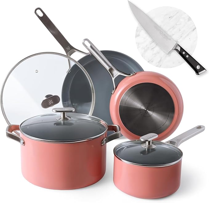 Greater Goods Savvy Ceramic Nonstick Cookware Set (10pc) and Chef Knife (Stainless Steel) Pink Bundle