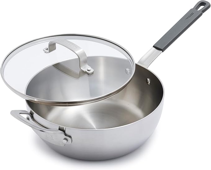 GreenPan x Bobby Flay Stainless Steel 3.75QT Saucepan &amp Glass Lid Professional Grade Tri-Ply Chefs Pan Multiclad Induction Suitable Dishwasher &amp Oven Safe Stay Cool Silicone HandleChip F