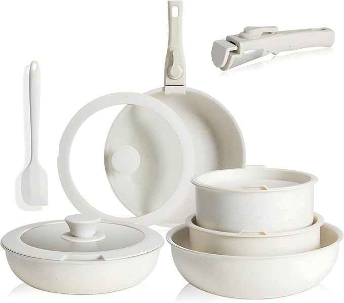 Simple Deluxe 12 Pcs Non-Stick Cookware Set with Beige Granite Texture and Detachable Handles Resistant to High Temperatures Oven Safe PFAS and PFOA Free