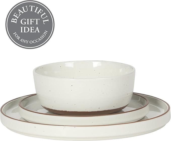 Gibson Elite Northrock Stoneware Dinnerware Set 12-Piece Service for 4 Plates and Bowls Set – White Dishes with Hand-Painted Terracotta Base