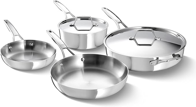 Calphalon Premier Polished 5-Ply Stainless Steel Cookware Set w/Turbo Heat Tech 6 Piece Includes Frying Pans Pots and Pans Set Induction Oven Safe 500F PFOA Free Polished Stainless Silver