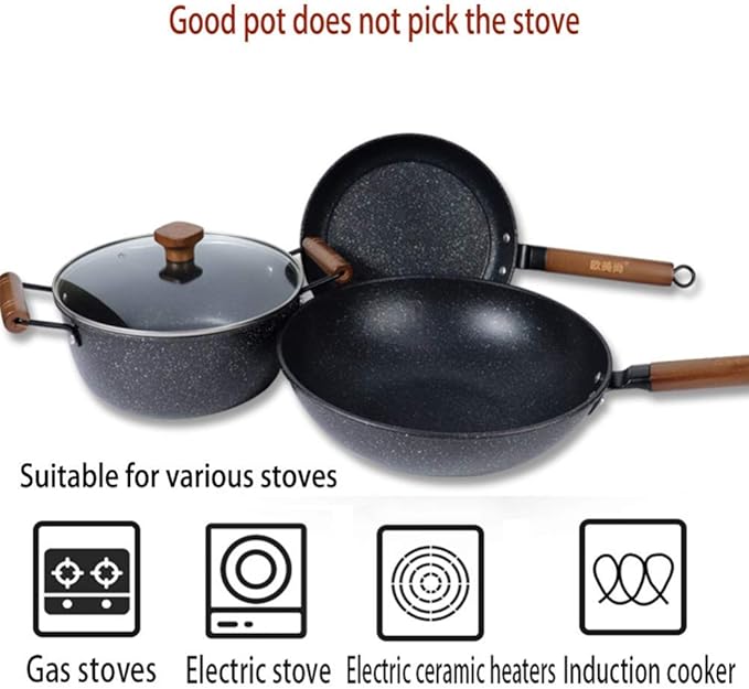 3-Piece Cookware Non-Stick Cookware Wok Frying Pan Soup Pot with Comfortable Handle Suitable for Gas Induction Cooker. Easy to Clean