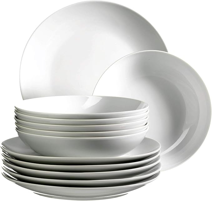 MÄSER Barca Series 12 Piece Dinnerware Set White Porcelain Crockery for 6 People