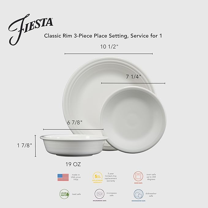 Fiesta® Classic Rim 3-Piece Dinnerware Set – Durable Ceramic Lead-Free Dishwasher/Microwave/Oven Safe – Made in USA Dinnerware - White