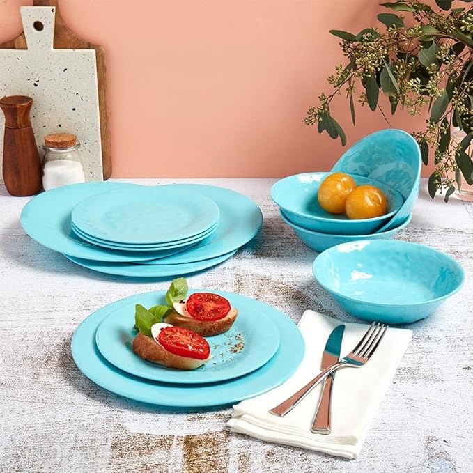 Melamine Dinnerware Service for 4 Set Vibrant Colors 12pc Set - Light Blue
