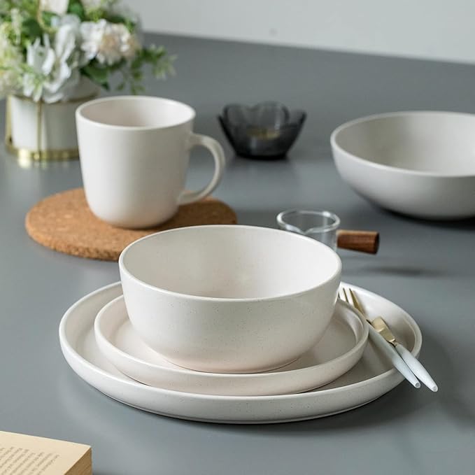 SKUGGA Round Stoneware 16pc Dinnerware Set of 4 Dinner Plates Side Plates Cereal Bowls Mugs - Matte White (466817)