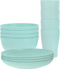 12pcs Wheat Straw Dinnerware Set with Plates and Bowls Microwave Safe Lightweight Reusable Eco-Friendly Tableware for Camping and Outdoor Use (Green)