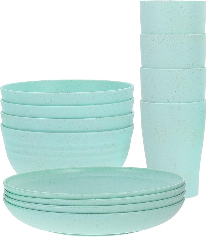 12pcs Wheat Straw Dinnerware Set with Plates and Bowls Microwave Safe Lightweight Reusable Eco-Friendly Tableware for Camping and Outdoor Use (Green)