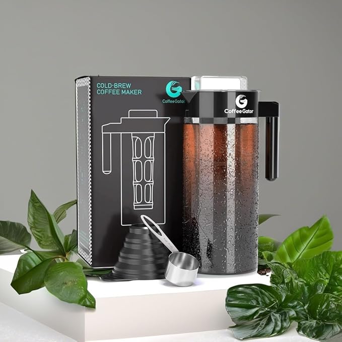 Coffee Gator Cold Brew Coffee Maker - 47 oz Iced Tea and Iced Coffee Maker and Pitcher with Borosilicate Glass Carafe Filter - Black