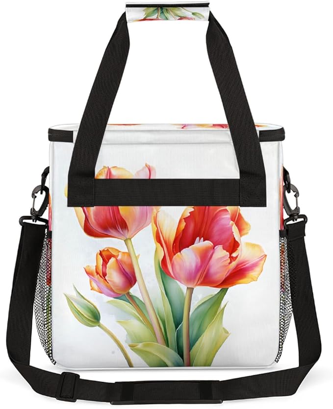 Tulips Painting Pattern Coffee Maker Carring Bag Travel Carrying Storage Tote Bag Compatible with Keurig K-Mini or K-Mini Plus Portable Single Serve Coffee Brewer Case with Pockets for K-cup Pods