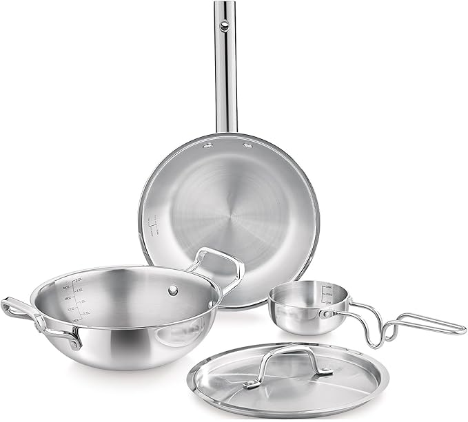 Stainless Steel Cookware Set 4 Pieces 22cm Kadai with Lid 22cm Frypan 10cm Tadka Pan Induction and Gas Stove Compatible