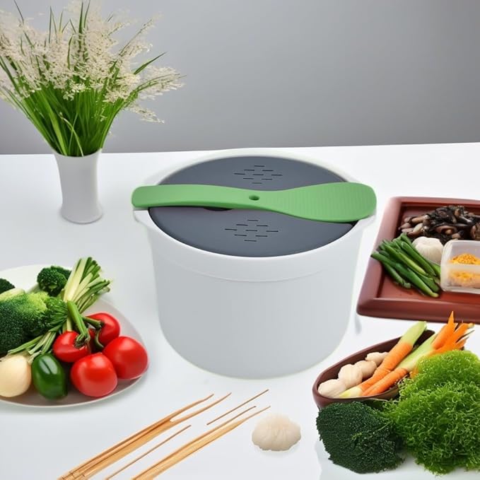 Microwave Rice Cooker Steamer Microwave Pasta Cooker 2L Microwave Rice Maker Set for Pasta Potato Vegetables Quinoa Oatmeal Ramen Dishwasher Microwave Cookware (Green)