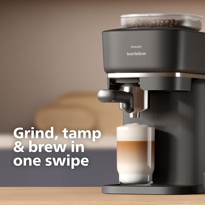 Philips Baristina Espresso Machine Grind Tamp &amp Brew Coffee Beans in One Swipe Compact 16 Bar Pump Pressure Automatic Grinder Black with Black Portafilter (BAR300/60)