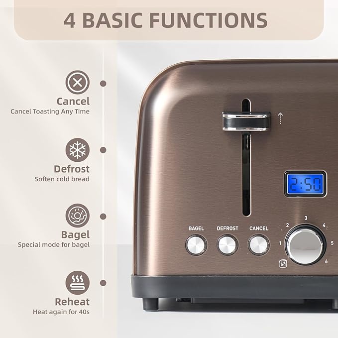 4-Slice Toaster with LCD Display Dual Control for Bagel 6 Shade Settings Extra Wide Slots Stainless Steel with High Lift Lever Removable Crumb Tray 1500W (Dark Metallic)