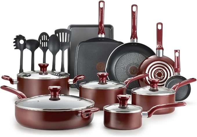 Generic T-fall Easy Care 20 Piece ProGlide Nonstick Interior Pots and Pans Cookware Set with Thermo-Spot Technology &amp Measuring Marks (Red) B087SKDW