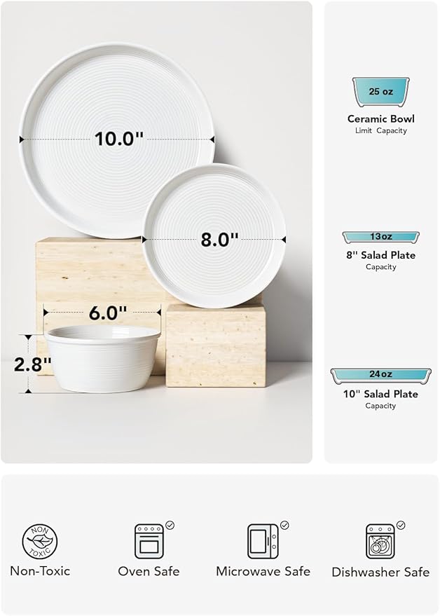 LE TAUCI Ceramic Plates and Bowls Set for 6 18-Piece Ceramic Dinnerware Set Farmhouse Dishes Set Microwave &amp Dishwasher Safe Stackable 10 Dinner+8 Salad Plates+6 Bowls White