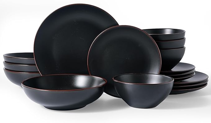Famiware Venus Stoneware Dinnerware Set with Pasta Bowls for 4 (16 Pieces) Modern Plates and Double Bowls Matte Black - Microwave &amp Dishwasher Safe Dishes with Trim for Everyday &amp Formal Use