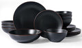 Famiware Venus Stoneware Dinnerware Set with Pasta Bowls for 4 (16 Pieces) Modern Plates and Double Bowls Matte Black - Microwave &amp Dishwasher Safe Dishes with Trim for Everyday &amp Formal Use