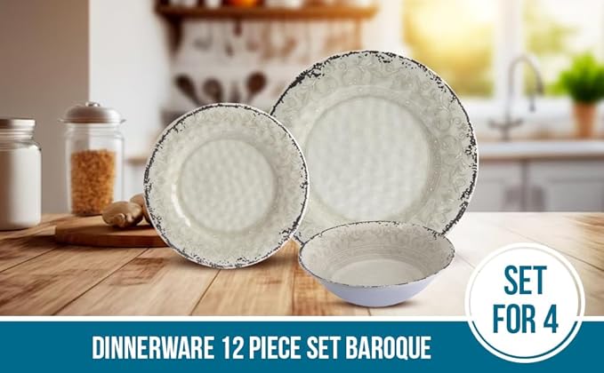 Melamine Dinnerware Sets Service for 4. Unbreakable Dishes. Scratch Resistant Melamine Ware. Plates and Bowls. Dishwasher Safe Platos De Melamina Baroque Design. Beautifully Packaged Gift Box