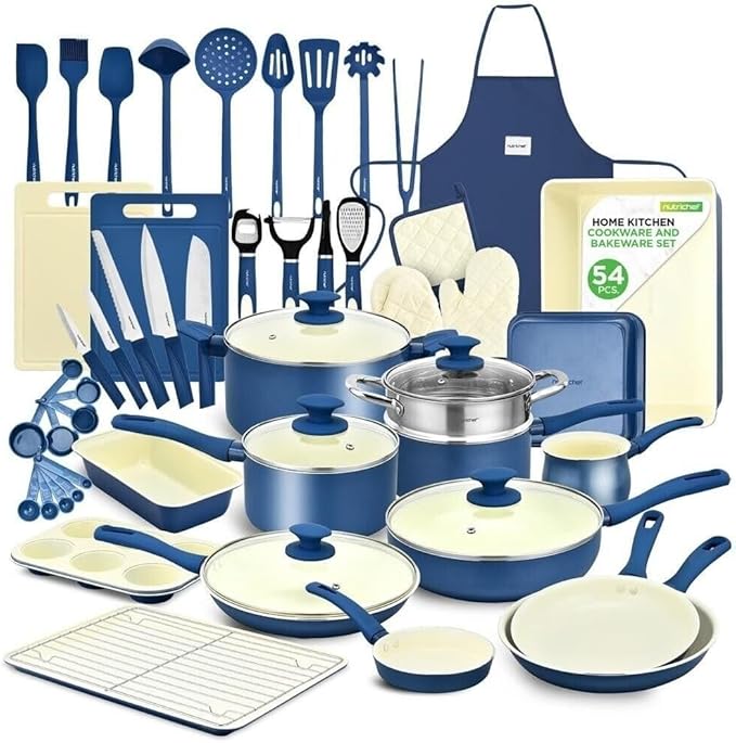 54-Piece Professional Kitchen Cookware Set - Ceramic Non-Stick Bakeware &amp Pots Pans with Cool-Touch Handles - Compatible with Gas Electric &amp Induction Cooktops - Easy to Clean &amp Safe