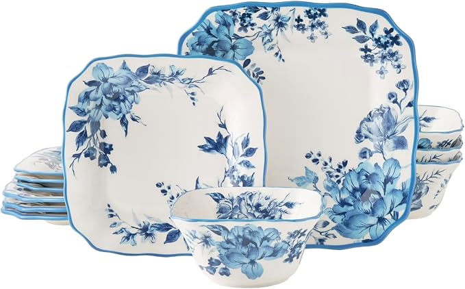 Delilah 12-Piece Blue Floral Stoneware Dinnerware Set