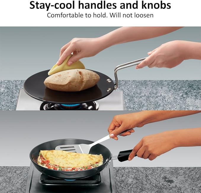 Hawkins Futura 6-Piece Hard Anodised Induction Gift Set - 2L Kadhai 20cm Frying Pan 26cm Tava Glass Lid Stainless Steel Skimmer and Turner (HAGP1)