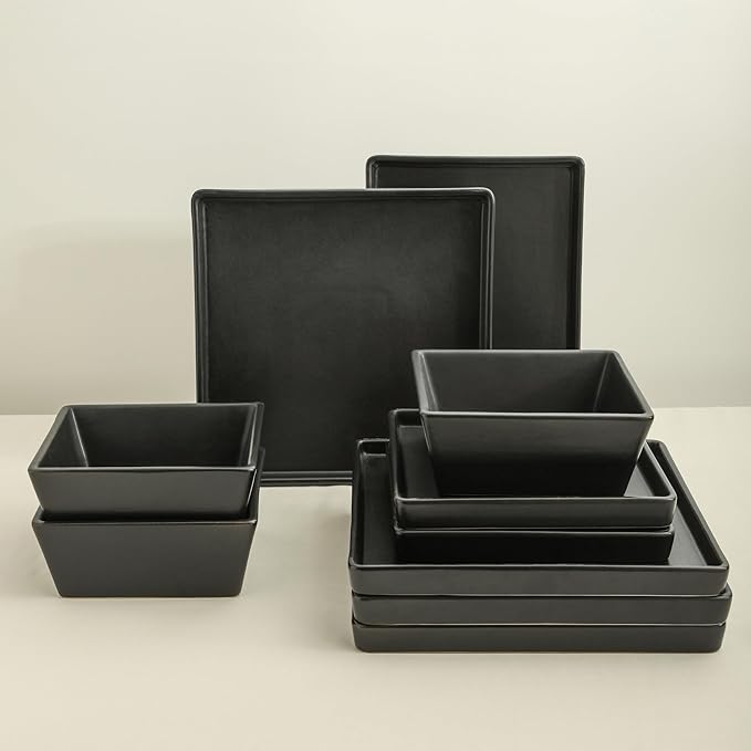 Stone Lain Grace Square Stoneware Dinnerware Set 12 Piece Service For 4 Plates and Bowls Dish Set Black