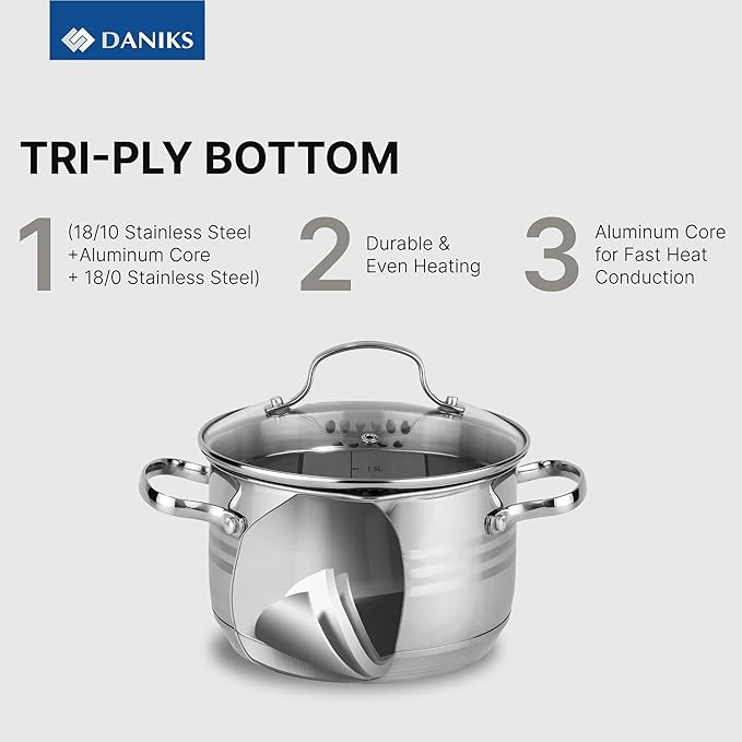 Daniks Tokio Stainless Steel Cookware Set 6-Piece – 2 qt 3 qt 4.5 qt Pots with Glass Strainer Lids Induction Ready Dishwasher Safe Measuring Scale Silver
