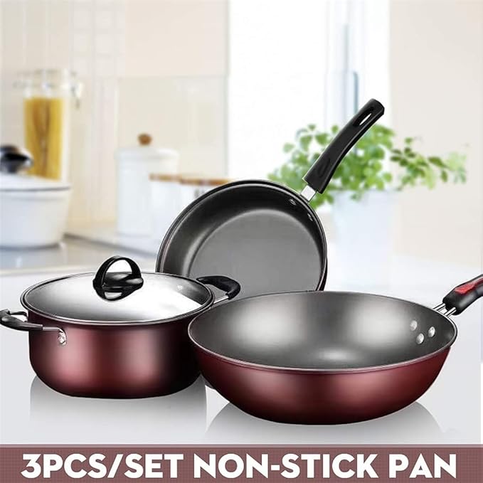 3Pcs Kitchen Cookware Set Non-Stick Cookware Frying Pan Cooking Pot &amp Pan Saucepan with Glass Lid Home